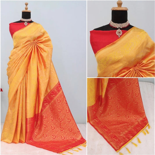 Generic Women's Banarasi Printed Saree With Unstitched Blouse 5.5Mtr (Yellow)