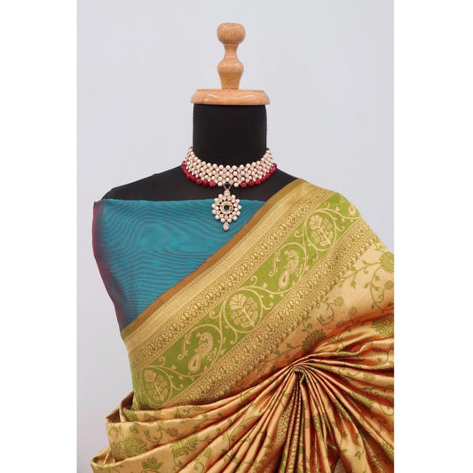 Generic Women's Banarasi Printed Saree With Unstitched Blouse 5.5Mtr (Golden)