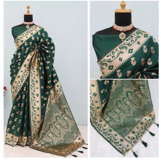 Generic Women's Satin Printed Saree With Unstitched Blouse 5.5Mtr (Green)