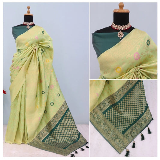 Generic Women's Banarasi Printed Saree With Unstitched Blouse 5.5Mtr (Light Green)