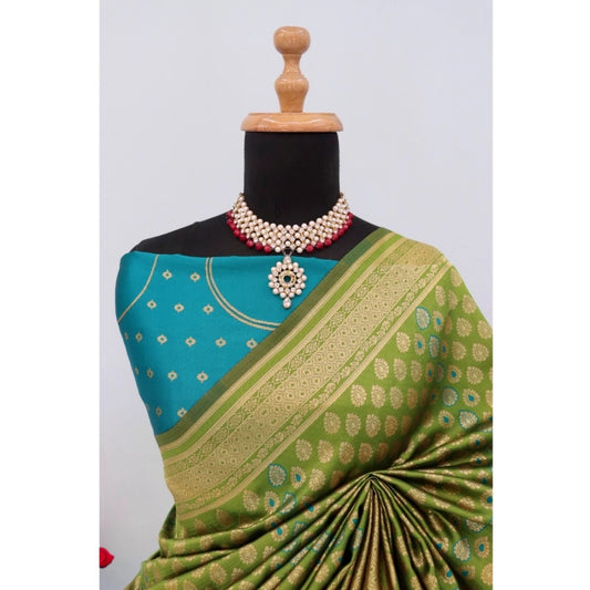 Generic Women's Banarasi Printed Saree With Unstitched Blouse 5.5Mtr (Mehendi Green)