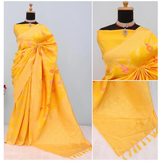 Generic Women's Banarasi Printed Saree With Unstitched Blouse 5.5Mtr (Yellow)