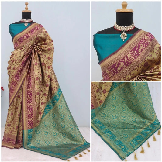 Generic Women's Banarasi Printed Saree With Unstitched Blouse 5.5Mtr (Purple)