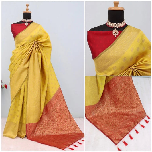Generic Women's Banarasi Printed Saree With Unstitched Blouse 5.5Mtr (Yellow)