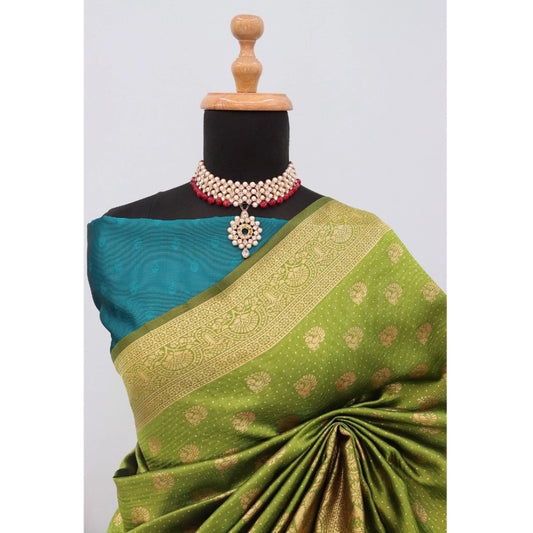 Generic Women's Banarasi Printed Saree With Unstitched Blouse 5.5Mtr (Mehendi Green)
