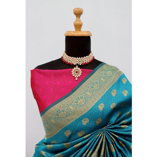 Generic Women's Banarasi Printed Saree With Unstitched Blouse 5.5Mtr (Aqua Blue)