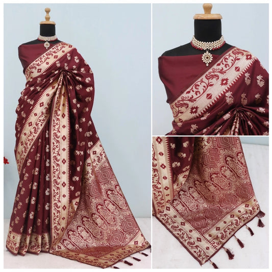 Generic Women's Satin Printed Saree With Unstitched Blouse 5.5Mtr (Brown)