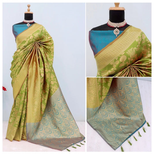 Generic Women's Banarasi Printed Saree With Unstitched Blouse 5.5Mtr (Mehendi Green)