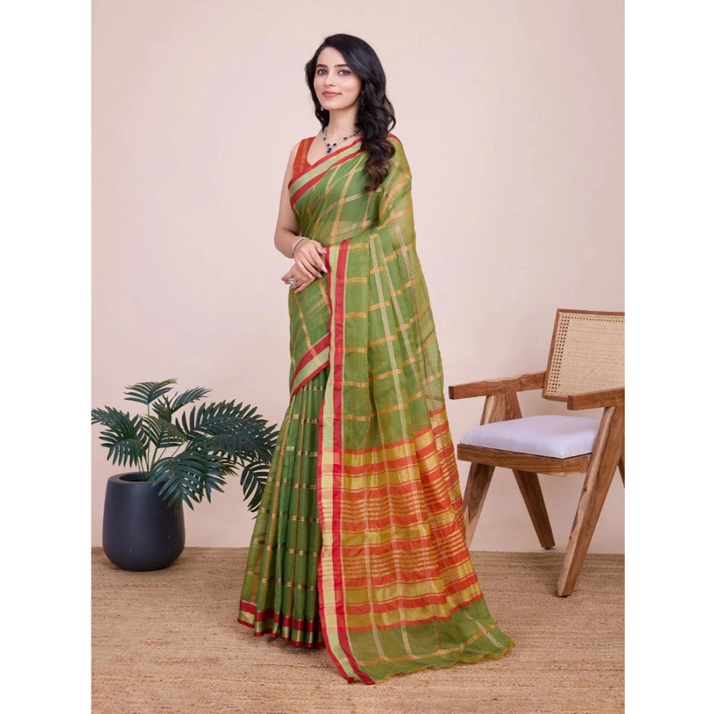 Generic Women's Cotton Silk Checkered Kota Doria Saree With Unstitched Blouse (5.5Mtr, Mehendi)