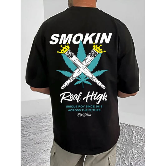 Generic Men's Casual Cotton Blend Printed Round Neck Half Sleeve T-Shirt (Black)