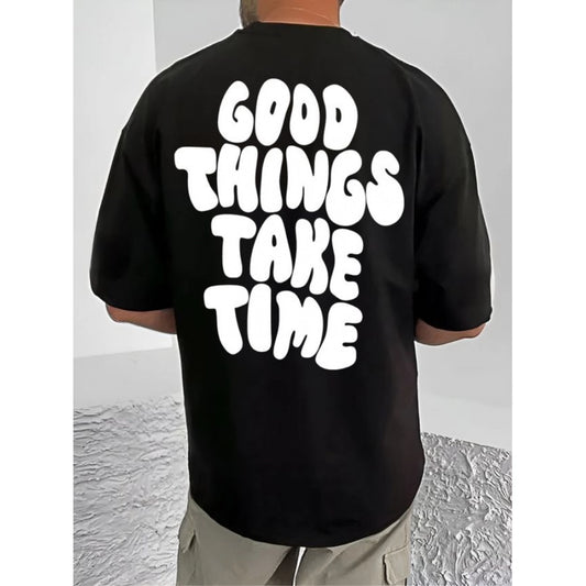 Generic Men's Casual Cotton Blend Printed Round Neck Half Sleeve T-Shirt (Black)