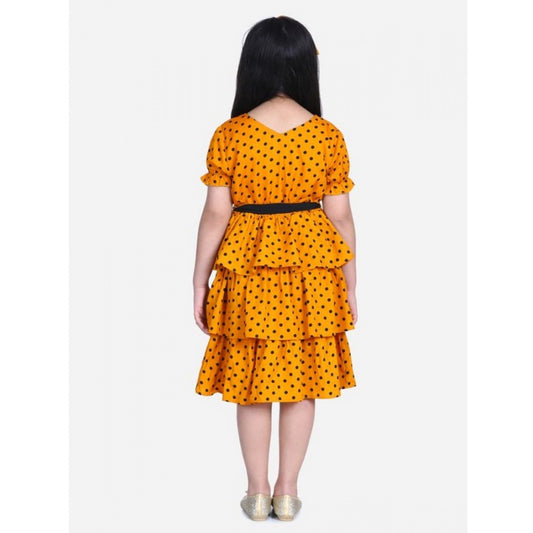 Generic Girl's Polyester Crepe Printed Puff V-Neck Dress (Orange)
