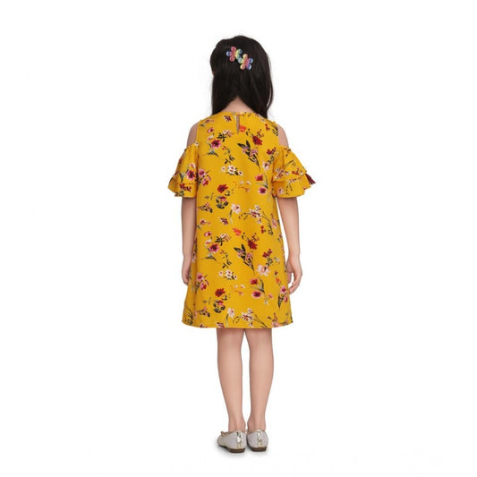 Generic Girl's Polyester Crepe Floral Printed Long Sleeve Round Neck Dress (Yellow)