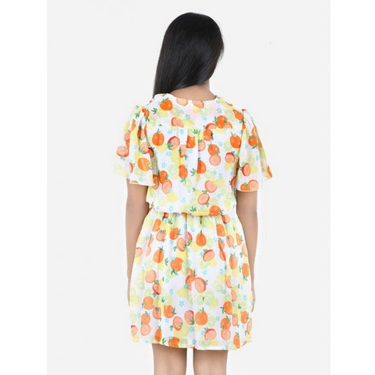 Generic Girl's Polyester Printed Short Sleeve V-Neck Dress (Yellow-Orange)