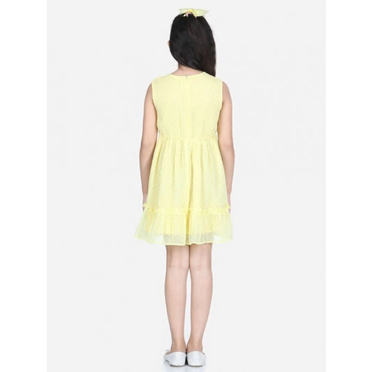 Generic Girl's Polyester Dobby Floral Printed Sleeveless Round Neck Dress (Yellow)