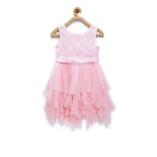 Generic Girl's Polyester Net Floral Printed Sleeveless Round Neck Dress (Light Pink)