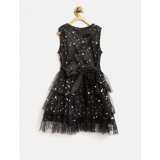Generic Girl's Net Embellished Sleeveless V-Neck Dress (Black)