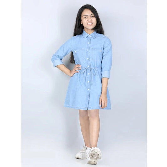 Generic Girl's Denim Solid Long Sleeve Shirt collar Dress (Blue)