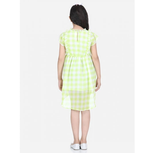 Generic Girl's Polyester Chiffon Solid Short Sleeve Round Neck Dress (Lime Green)