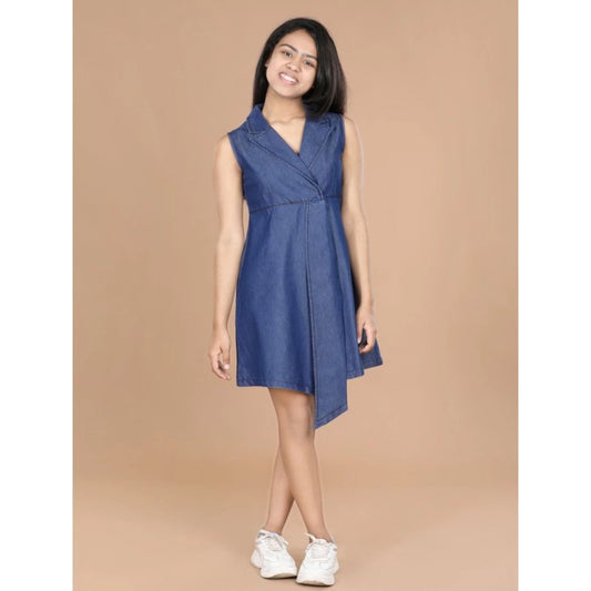 Generic Girl's Denim Solid Sleeveless Shirt collar Dress (Blue)