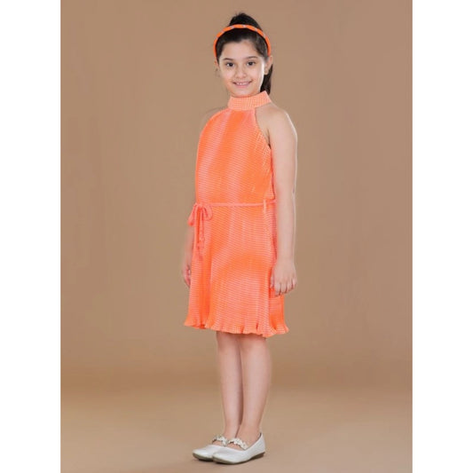 Generic Girl's Polyester Crepe Printed Sleeveless Round Neck Dress (Orange)