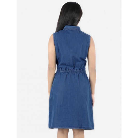 Generic Girl's Denim Solid Sleeveless Shirt collar Dress (Blue)