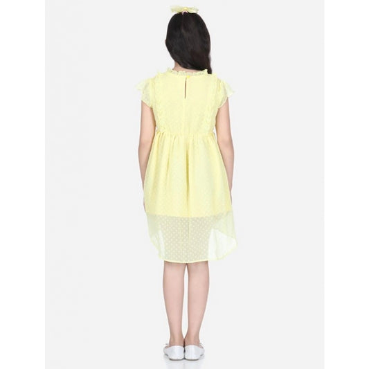 Generic Girl's Polyester Solid Short Sleeve Round Neck Dress (Lemon Yellow)