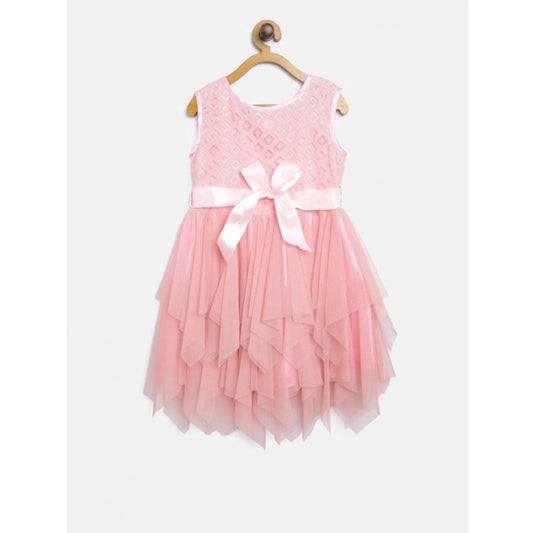 Generic Girl's Polyester Net Embroidered Sleeveless Round Neck Dress (Peach)