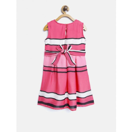 Generic Girl's Satin Striped Sleeveless Round Neck Dress (Pink)