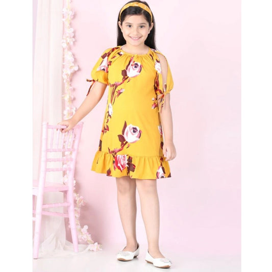 Generic Girl's Polyester Crepe Floral Printed Slit Sleeve Round Neck Dress (Yellow-Red)
