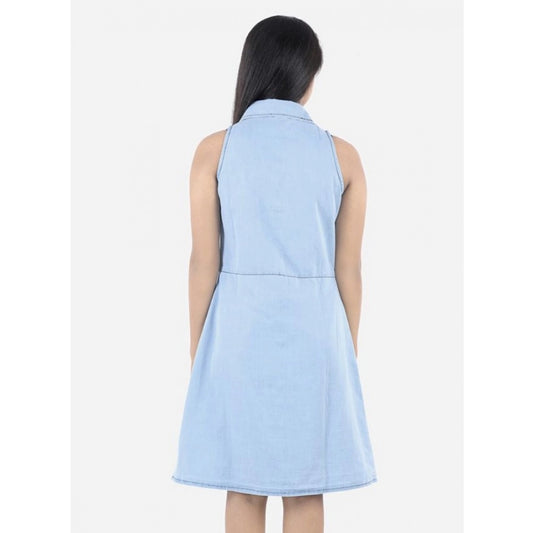 Generic Girl's Denim Solid Sleeveless Shirt collar Dress (Blue)