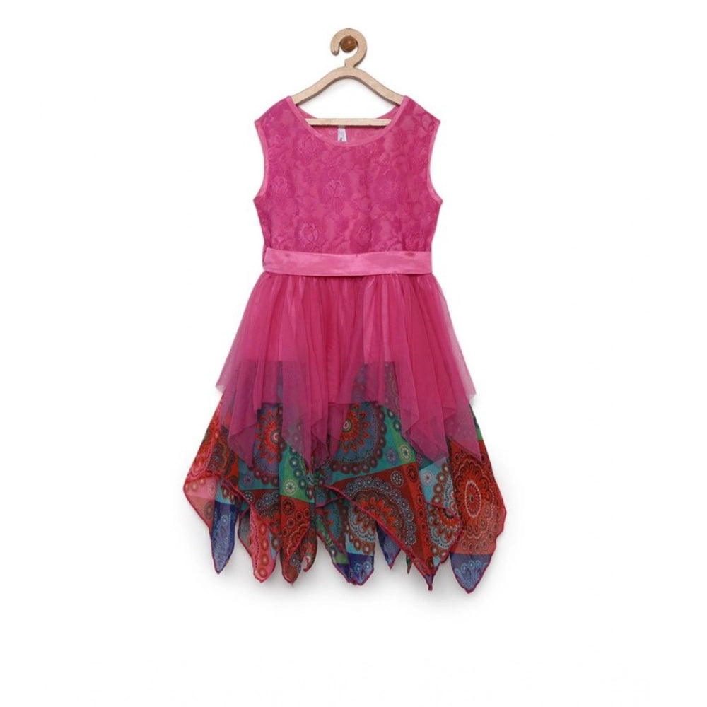 Generic Girl's Polyester Net Floral Printed Sleeveless Round Neck Dress (Multicolor)