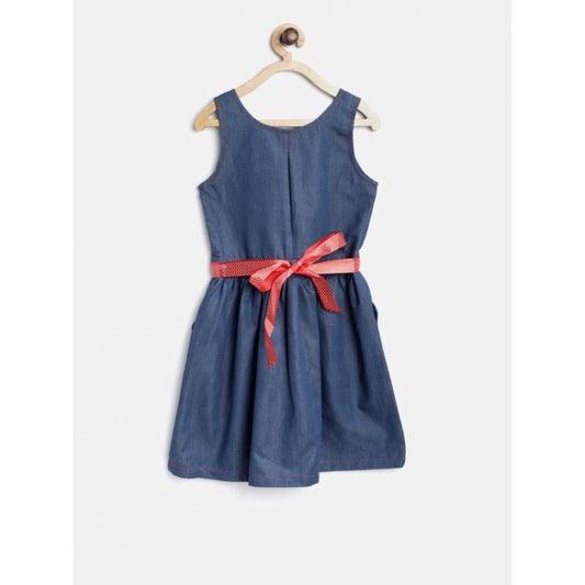 Generic Girl's Denim Solid Sleeveless Round Neck Dress (Blue)