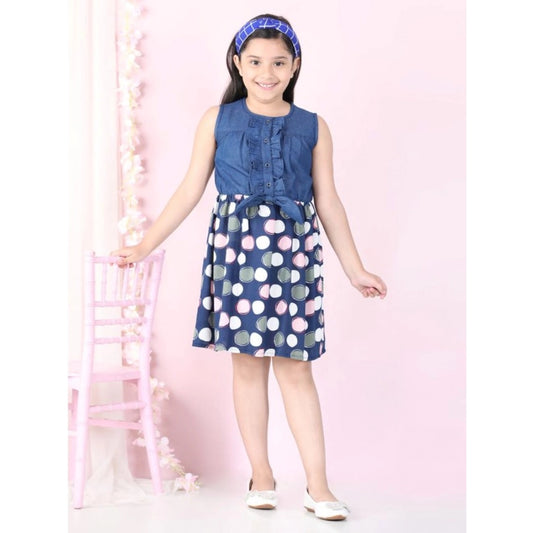 Generic Girl's Denim Rayon Printed Sleeveless Round Neck Dress (Blue)