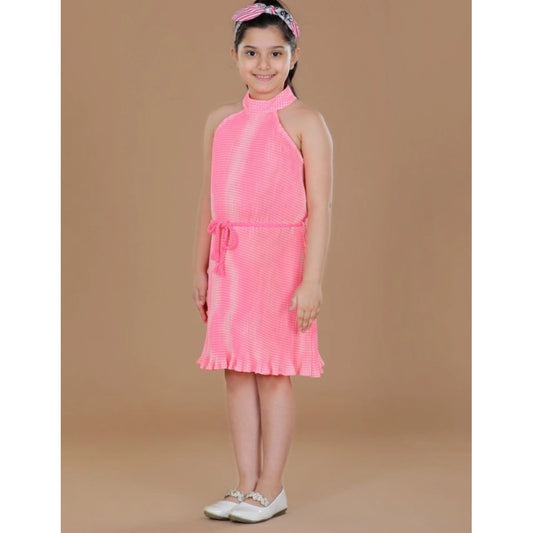 Generic Girl's Polyester Crepe Printed Sleeveless Round Neck Dress (Pink)