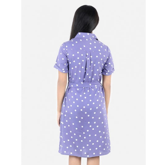 Generic Girl's Polyester Printed Short Sleeve Shirt collar Dress (Lavender)