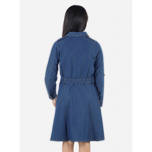 Generic Girl's Denim Solid Long Sleeve Shirt collar Dress (Blue)