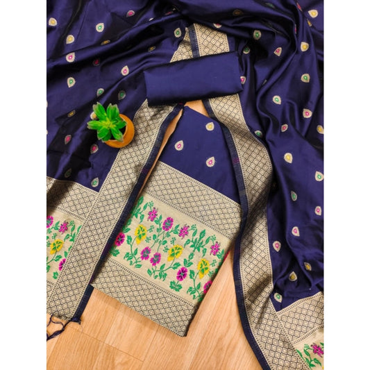 Generic Women's Banarasi Silk Printed Unstitched Salwar Suit Material With Dupatta (Navy Blue, 3Mtrs)