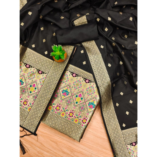 Generic Women's Banarasi Silk Printed Unstitched Salwar Suit Material With Dupatta (Black, 3Mtrs)