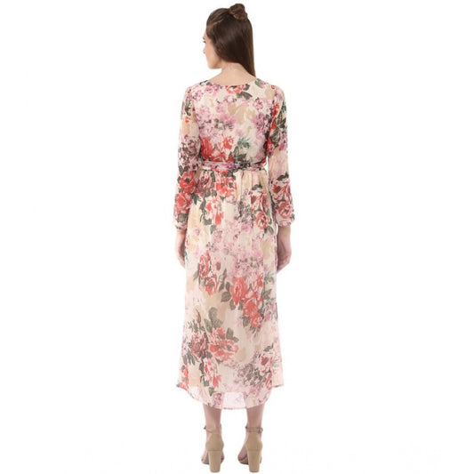 Generic Women's Chiffon Floral Round Neck Long Sleeves Dress (Multicolor)