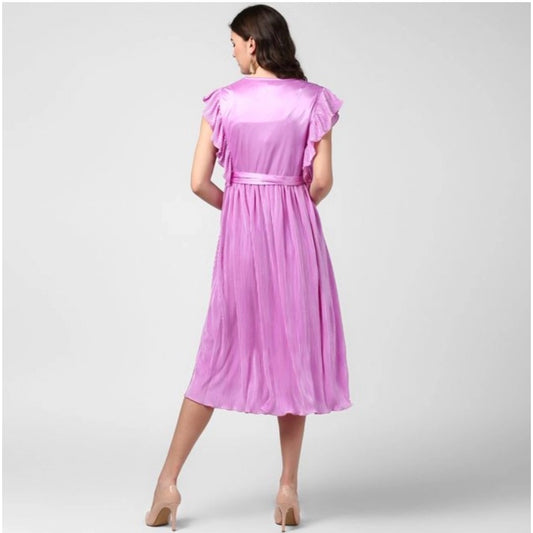 Generic Women's Polyester Pleated V-Neck Flutter Dress (Lavender)