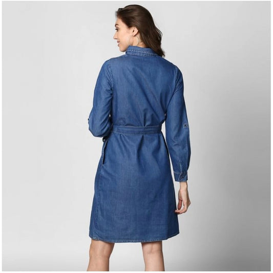Generic Women's Denim Solid Collar Neck Roll Up Sleeve Dress (Blue)