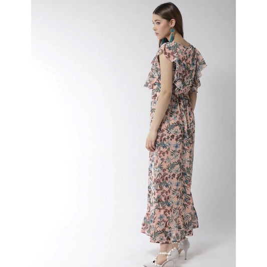 Generic Women's Polyester Floral Round Neck Flutter Dress (Multicolor)