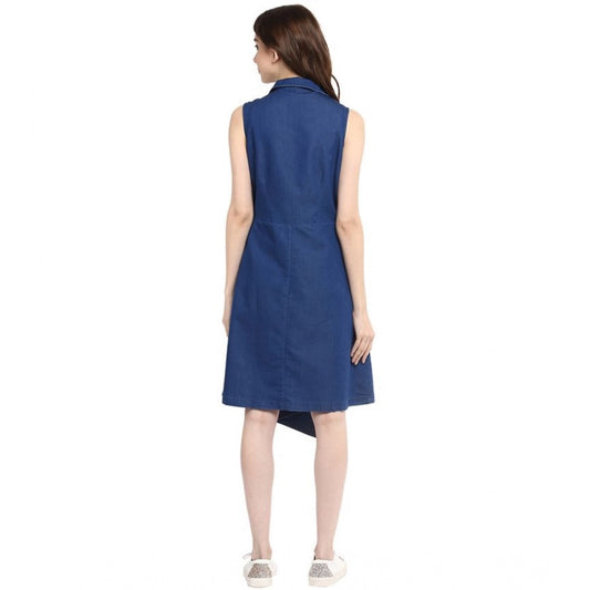 Denim Solid Collar Neck Sleeveless Dress (Blue)