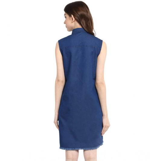 Generic Women's Denim Solid Collar Neck Sleeveless Dress (Blue)