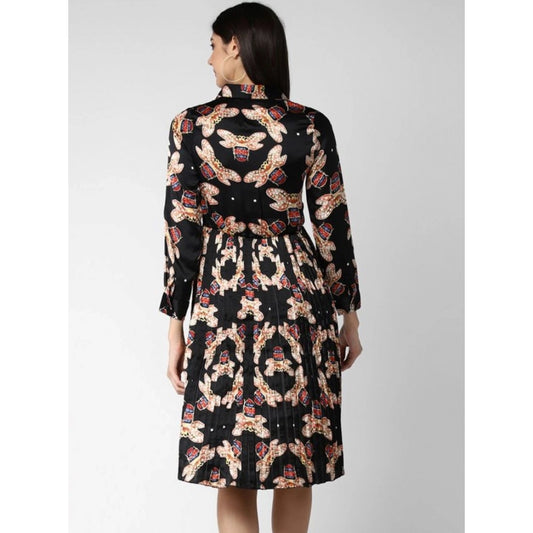 Generic Women's Polyester Pleated Collar Neck Long Sleeves Dress (Black)