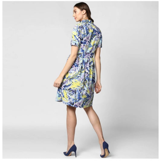 Generic Women's Polyester Floral Collar Neck Short Sleeve Dress (Blue-Yellow)