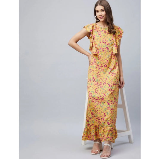 Generic Women's Polyester Floral Round Neck Flutter Dress (Red)