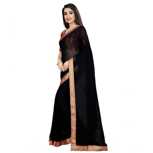Generic Women's Chiifon Saree Printed Saree With Unstitched Blouse 5.5Mtr (Black)