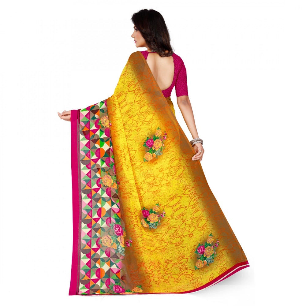 Generic Women's Faux Georgette Printed Saree With Unstitched Blouse 5.5Mtr (Yellow)